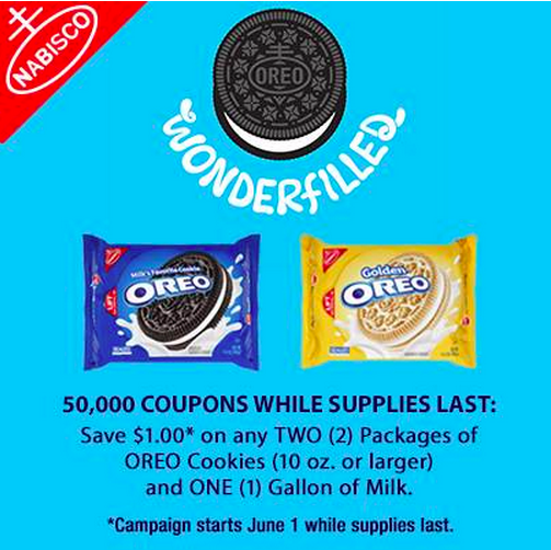 New 1/2 Oreo Cookies Packages & 1 Gallon of Milk Coupon (1st 50,000