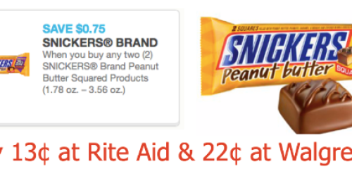 New $0.75/2 Snickers Peanut Butter Squared Products Coupon = Sweet Deals at Rite Aid and Walgreens