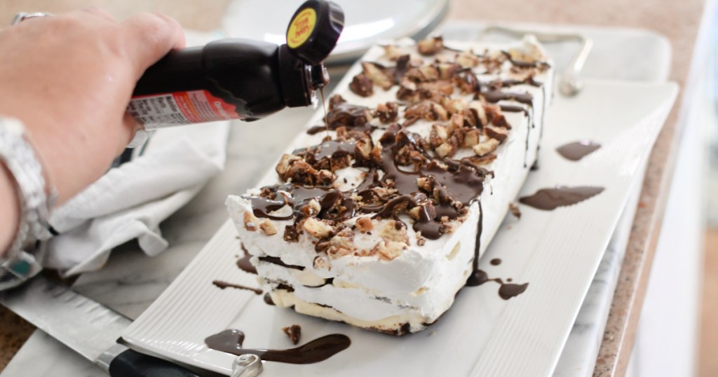 chocolate drizzle on ice cream sandwich cake