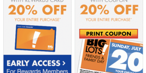 Big Lots: 20% Off Your ENTIRE Purchase (Valid on 7/12 for Buzz Club Members or 7/13 for Everyone)