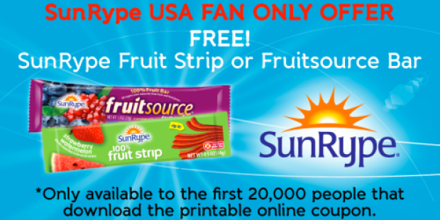 FREE SunRype Fruit Strip or Fruitsource Bar Printable Coupon (1st 20,000 – Facebook)