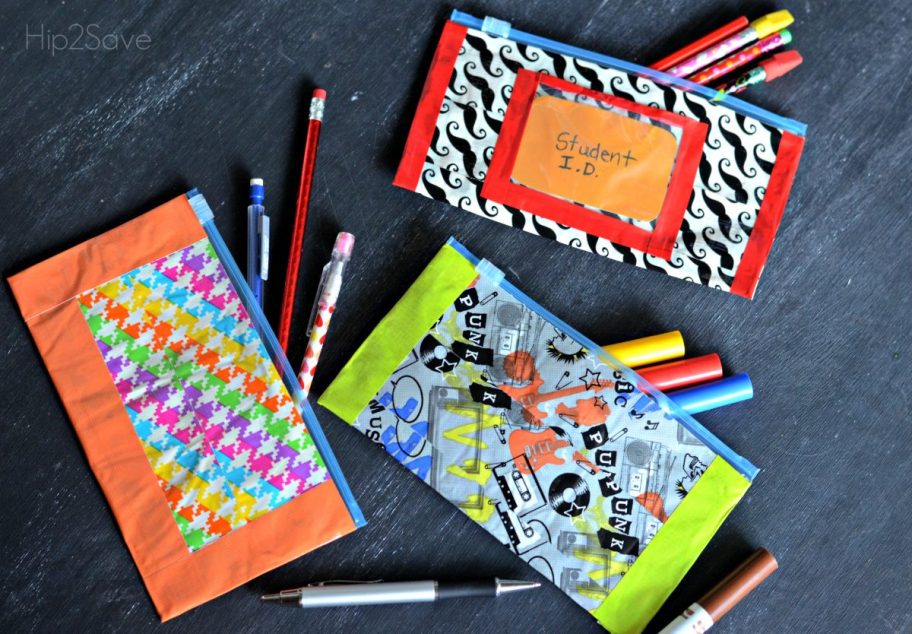 making diy duct tape pencil pouches, one of our favorite Dollar Tree summer activities for kids