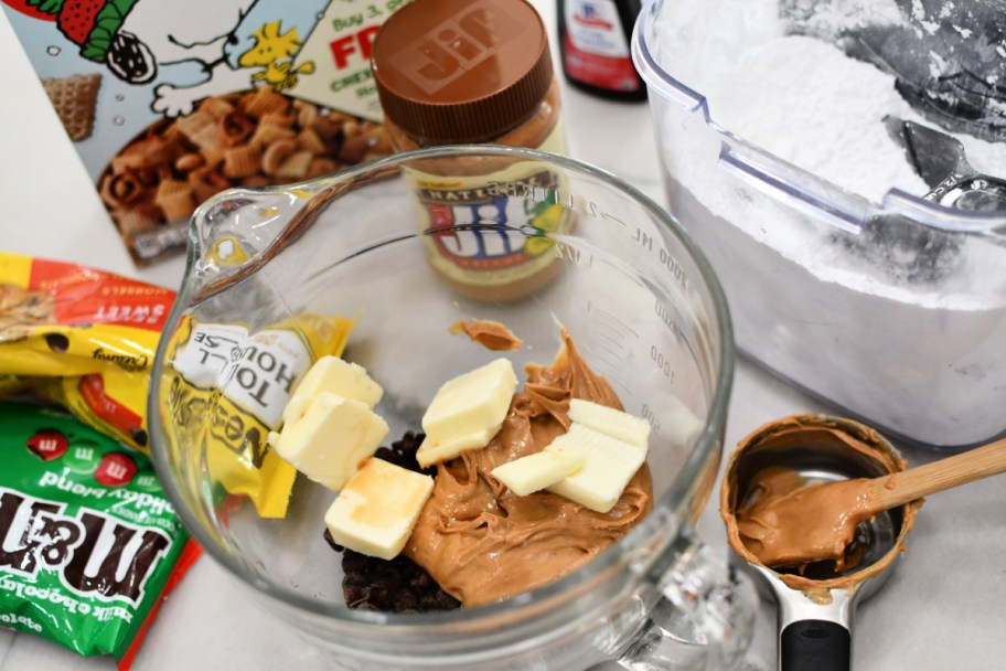 mixing bowl with chocolate chips butter and peanut butter 