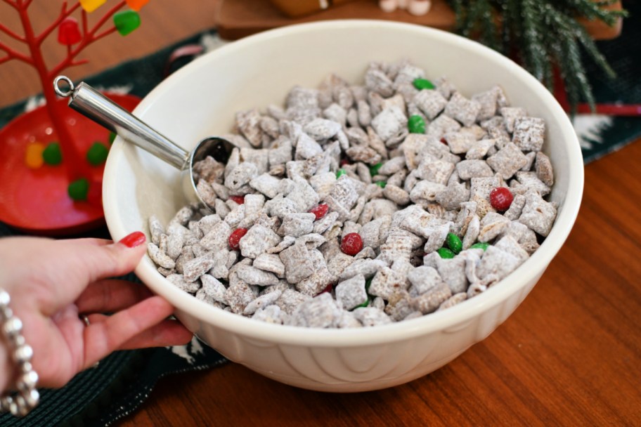 mixing bowl with christmas chex muddy buddies