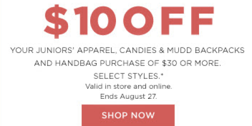 Kohl’s: $10 Off a $30 Junior Apparel, Candles, Mudd Backpacks and Handbag Purchase (+ Additional Stackable Promo Codes!)
