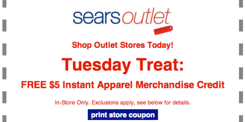 Sears Outlet: $5 off Any Apparel Purchase Coupon (Valid Today Only)