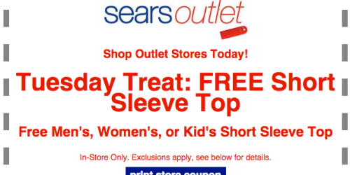 Sears Outlet: FREE Men’s, Women’s or Kids’ Short Sleeve Top Coupon (Valid In-Store Today Only)