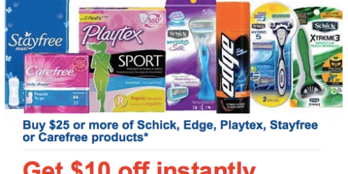Meijer: $10 Off $25 Purchase of Schick, Edge, Playtex, Stayfree or Carefree Products (+ One Reader’s Score)