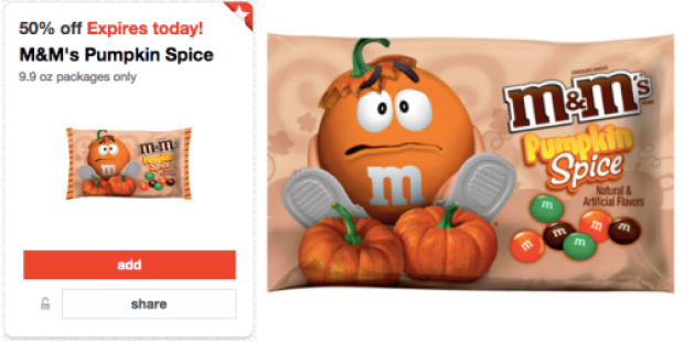 Target Cartwheel: 50% Off Pumpkin Spice M&M’s = as low as 45¢ per bag (Today Only!)