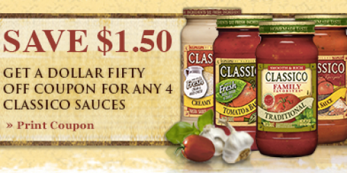 Rare $1.50/4 Classico Pasta Sauce Coupon (+ Stackable Target Store Coupon)