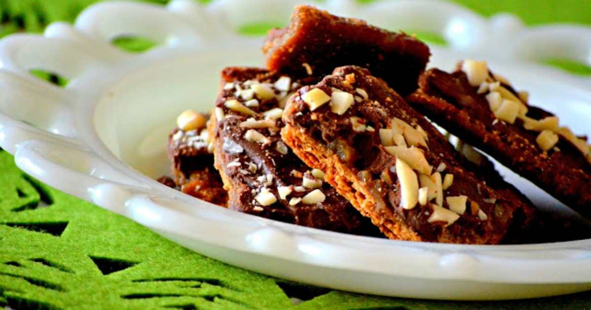 homemade almond roca easy holiday treat – closeup on a plate