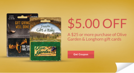 Rite Aid New 5 Off 25 Olive Garden Or Longhorn Gift Cards