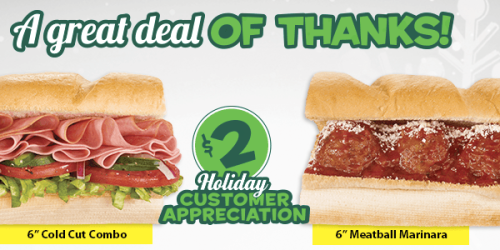 Subway: 6″ Cold Cut Combo or Meatball Marinara Sub Sandwiches $2 Each (Starts 12/1)