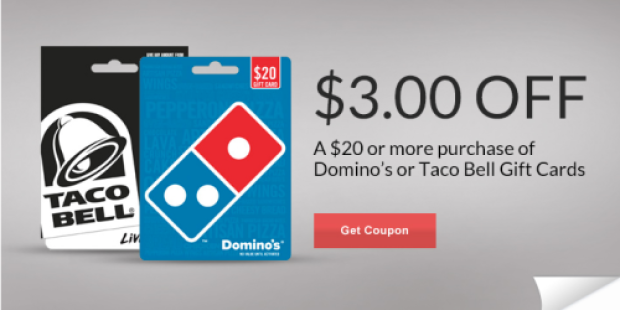 Rite Aid: $3 Off $20 Domino’s or Taco Bell Gift Cards Store Coupons + More (Facebook)
