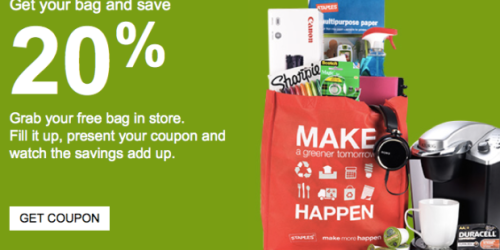 Staples: Free Reusable Bag + 20% Off Everything You Can Fit In It (+ 1¢ Multipurpose Paper After Rebate)