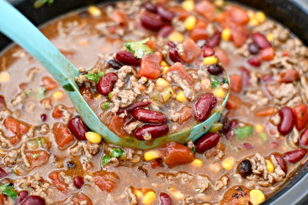 spoon with slow cooker ranch taco soup soup