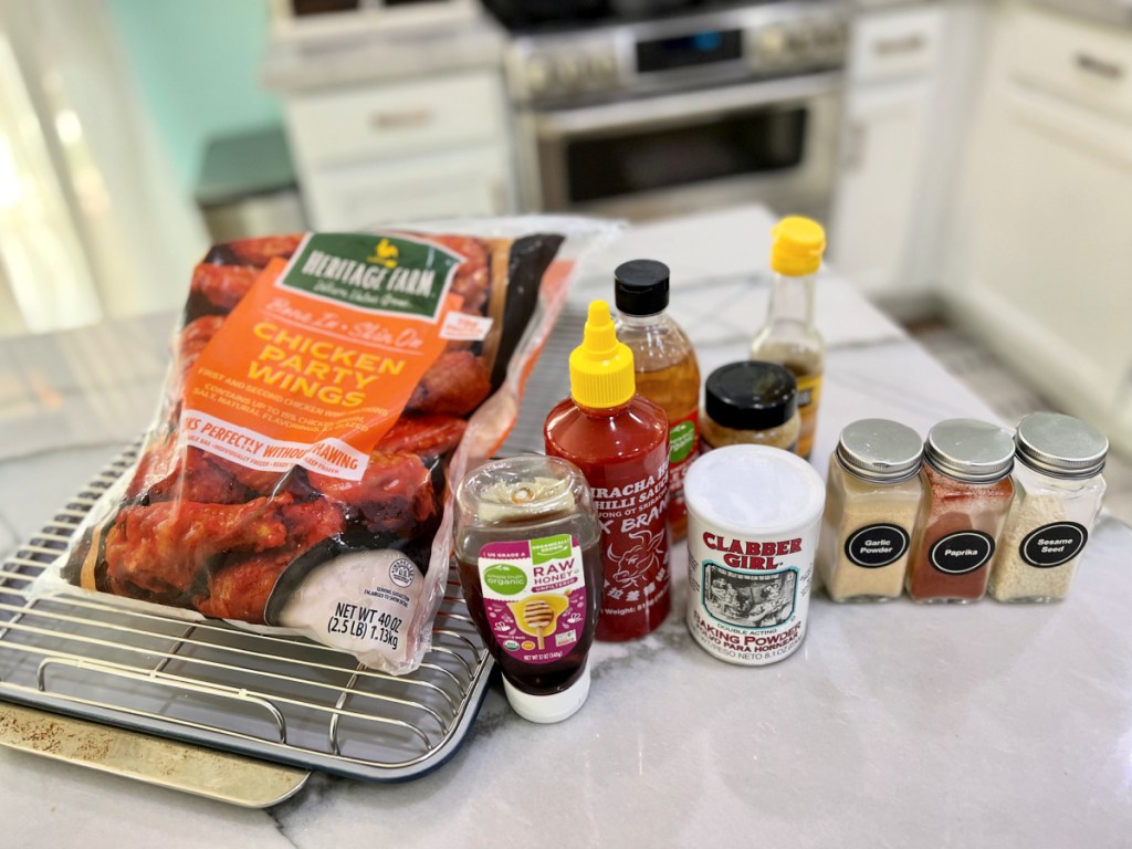 chicken wings recipe ingredients and pan on the counter