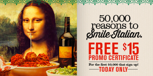 Buca di Beppo: FREE $15 Promo Certificate (Today Only – First 50,000)
