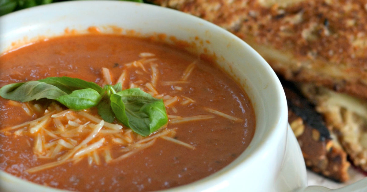 tomato basil soup in a white bowl