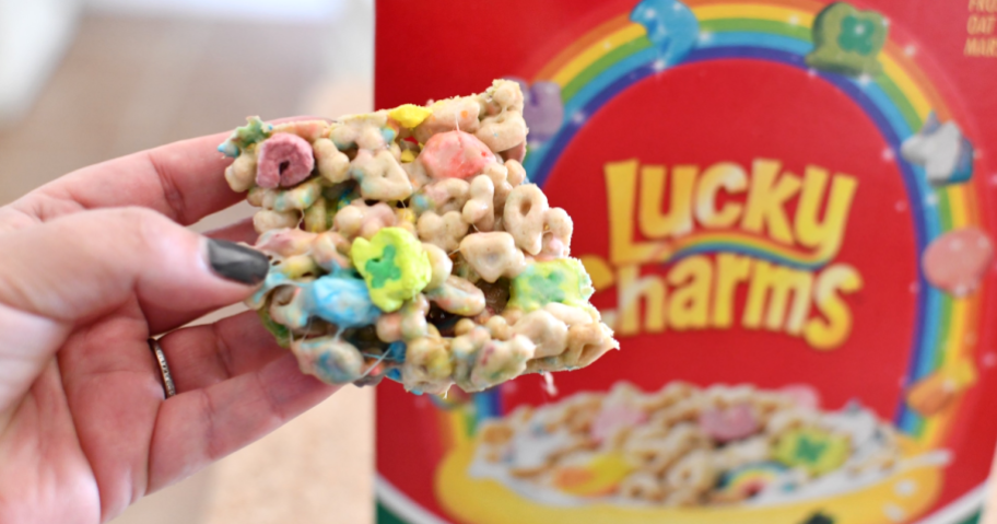 holding lucky charms treat