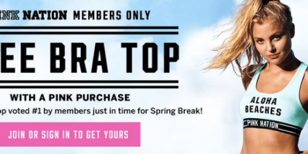 Victoria’s Secret PINK Nation Members: Free Bra Top w/ PINK Purchase ($19.95 Value) + More