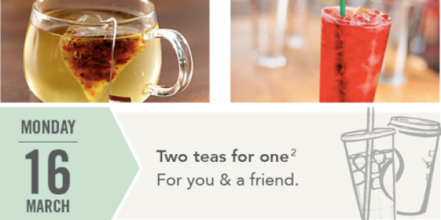 Starbucks Happy Monday Offer: Buy 1 Tea Beverage and Get 1 Free (Today Only From 2PM-5PM)