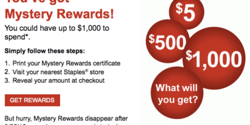 Staples Rewards Members: Check Inbox for Mystery Rewards Certificate Worth Up to $1,000 (In Store Only)