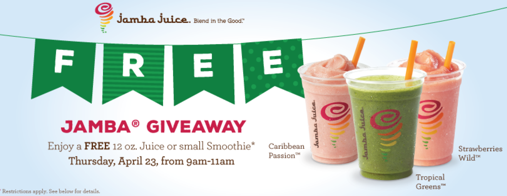 Jamba Juice FREE 12 oz Juice or Small Smoothie April 23rd from 9AM