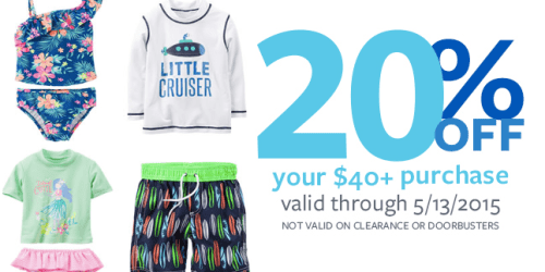 Carter’s: 20% Off a $40+ Purchase (In-Store & Online) + 50% Off Kids Swimsuits In-Stores Tomorrow Only