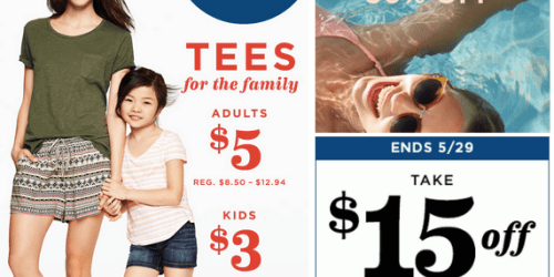 Old Navy: $5 Adult Tees AND $3 Kids Tees Today Only (+ $15 Off $50 In-Store Purchase & More)