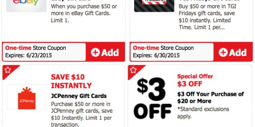 Safeway & Affiliates: Multiple Gift Card Discount eCoupons (eBay, JCPenney, TGI Fridays) + More