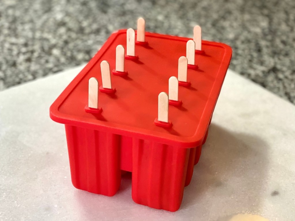 red popsicle mold with wooden sticks