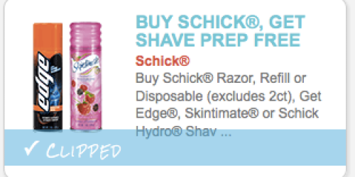 Buy 1 Schick Razor, Refill or Disposable – Get an Edge, Skintimate or Schick Hydro Shave Gel FREE Coupon