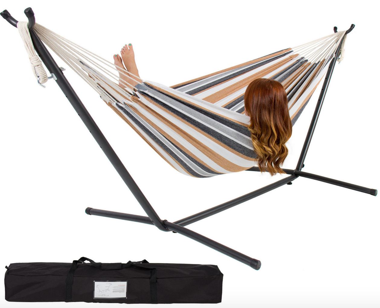 Highly Rated Double Hammock with Steel Stand & Portable Carrying Case