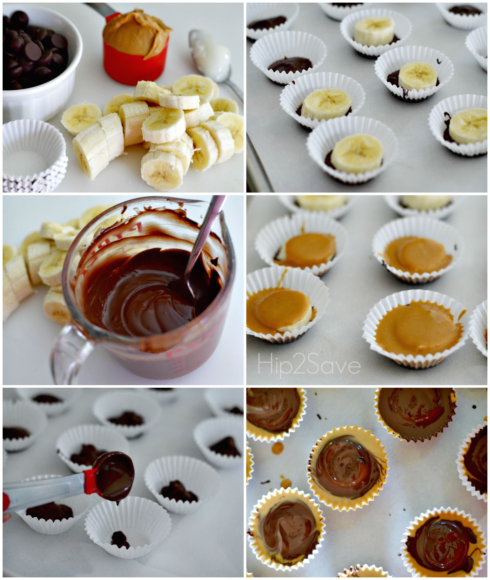 step by step process showig how to make peanut butter banana cups