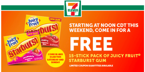 7-Eleven: FREE Pack of Juicy Fruit Starburst Gum – No Purchase Required (8/8 & 8/9 After 12PM CST)