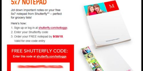 Kellogg’s Family Rewards Members: Possible Free 5×7 Shutterfly Notepad (Check Your Inbox)