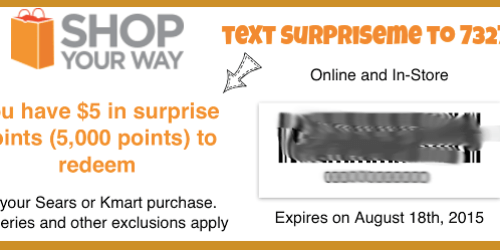 Shop Your Way Rewards Members: Possible FREE $5 In Surprise Points (Text Offer)