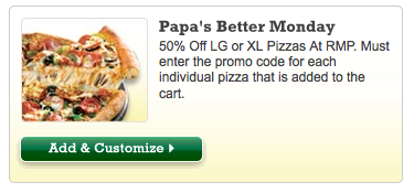 Papa Johns 50% off Large Pizza