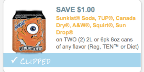 RARE $1/2 Soda Coupon (Valid on Sunkist, 7UP, A&W, Canada Dry, Squirt, & Sun Drop)
