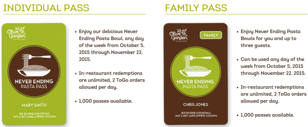 Olive Garden Never Ending Pasta Pass