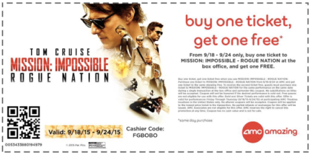 AMC Theatres: Buy 1 Ticket to Mission Impossible: Rogue Nation and Get 1 Free (9/18-9/24 Only)