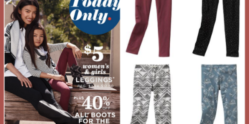 Old Navy Cardholders: $5 Leggings for Women and Girls In-Store Today Only (Regularly $12.50) + More
