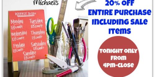 Michaels: 20% Off Entire Purchase Including Sale Items – Online & In-Store (Tonight from 4PM-Close)