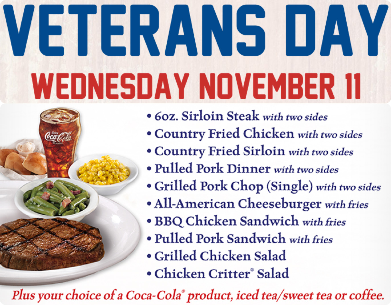Texas Roadhouse FREE Lunch for Veterans & Active Duty Military on November 11th