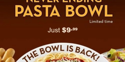 Olive Garden: Never Ending Pasta Bowl Just $9.99 (Through November 22nd)