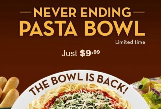 Olive Garden Never Ending Pasta Bowl Just 9 99 Through November
