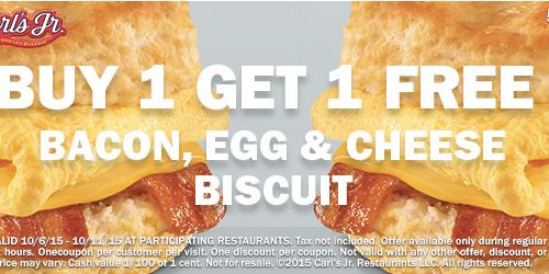 Carl’s Jr. & Hardee’s: Buy 1 Get 1 FREE Bacon, Egg & Cheese Biscuit Coupon