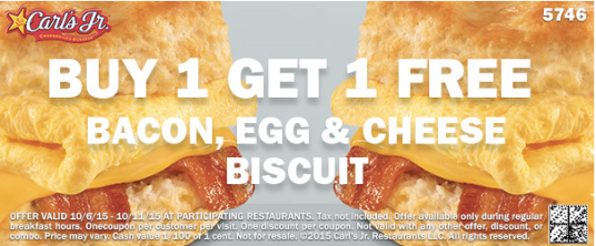 Carl's Jr. Buy 1 Get 1 FREE Bacon, Egg & Cheese Biscuit Coupon