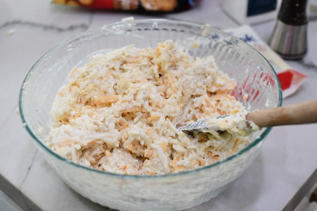 mixing bowl with funeral potatoes